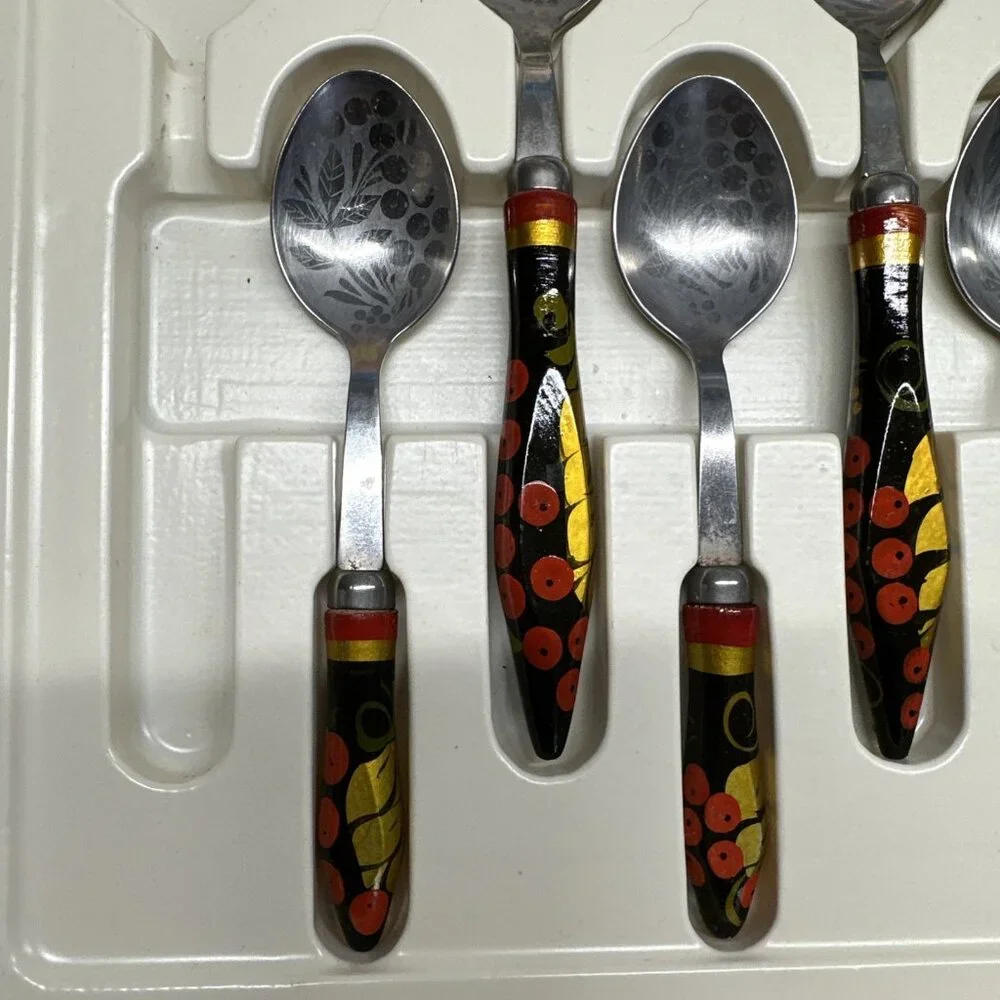 Vintage Russian 6 Person Table‎ Set  Handpainted Wood Spoons 6 Small 5 Large Box